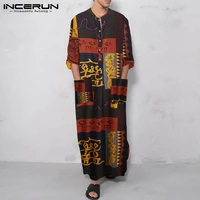 printing muslim men jubba thobe 2021 cotton long sleeve pockets robe casual caftan dubai men islamic arab kaftan incerun s 5xl 7