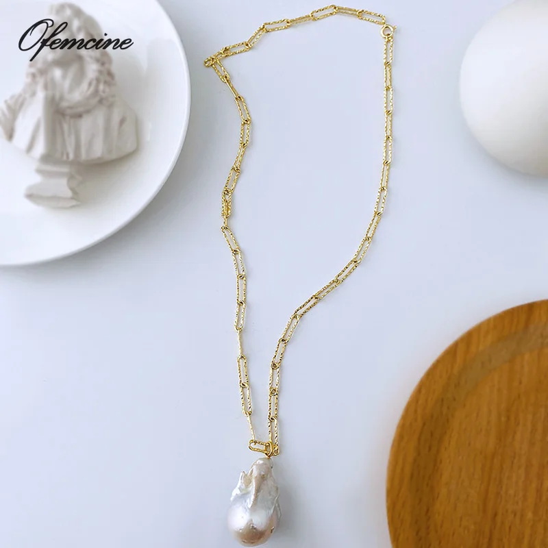 

Ofemcine Irregular Natural Baroque Pearl Choker Big Pendant 925 Silver Necklace for Women Vintage Gold-Plated Necklaces Jewelry