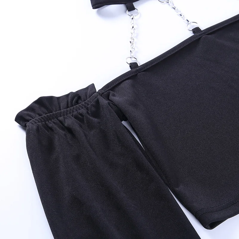

Black Goth Women Blouse 2021 Autumn Lady Metal Chains Halter Slash Neck Ruffles Punk Blouses Short-length Long-sleeve Rock Top
