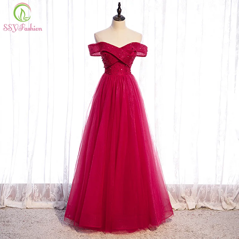 

Женское вечернее платье SSYFashion, Длинное Красное банкетное платье с вырезом лодочкой, украшенное бисером, для выпускного вечера
