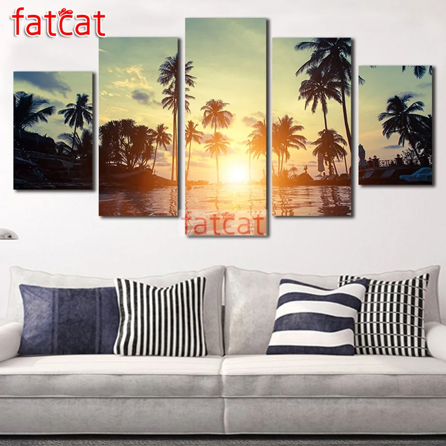 

Набор для алмазной вышивки FATCAT, закат, морской пейзаж, дерево, 5 шт.