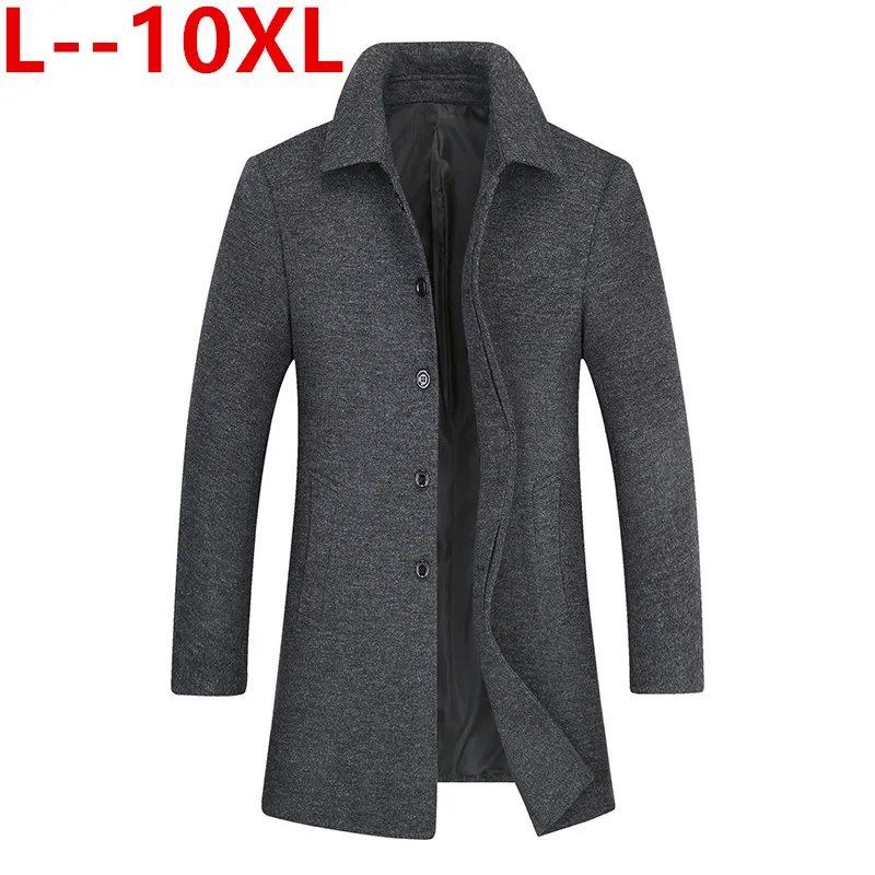 

Мужское шерстяное пальто 10XL 5XL 8XL 6XL, зимний теплый однотонный длинный Тренч, Мужская однобортная деловая Повседневная парка