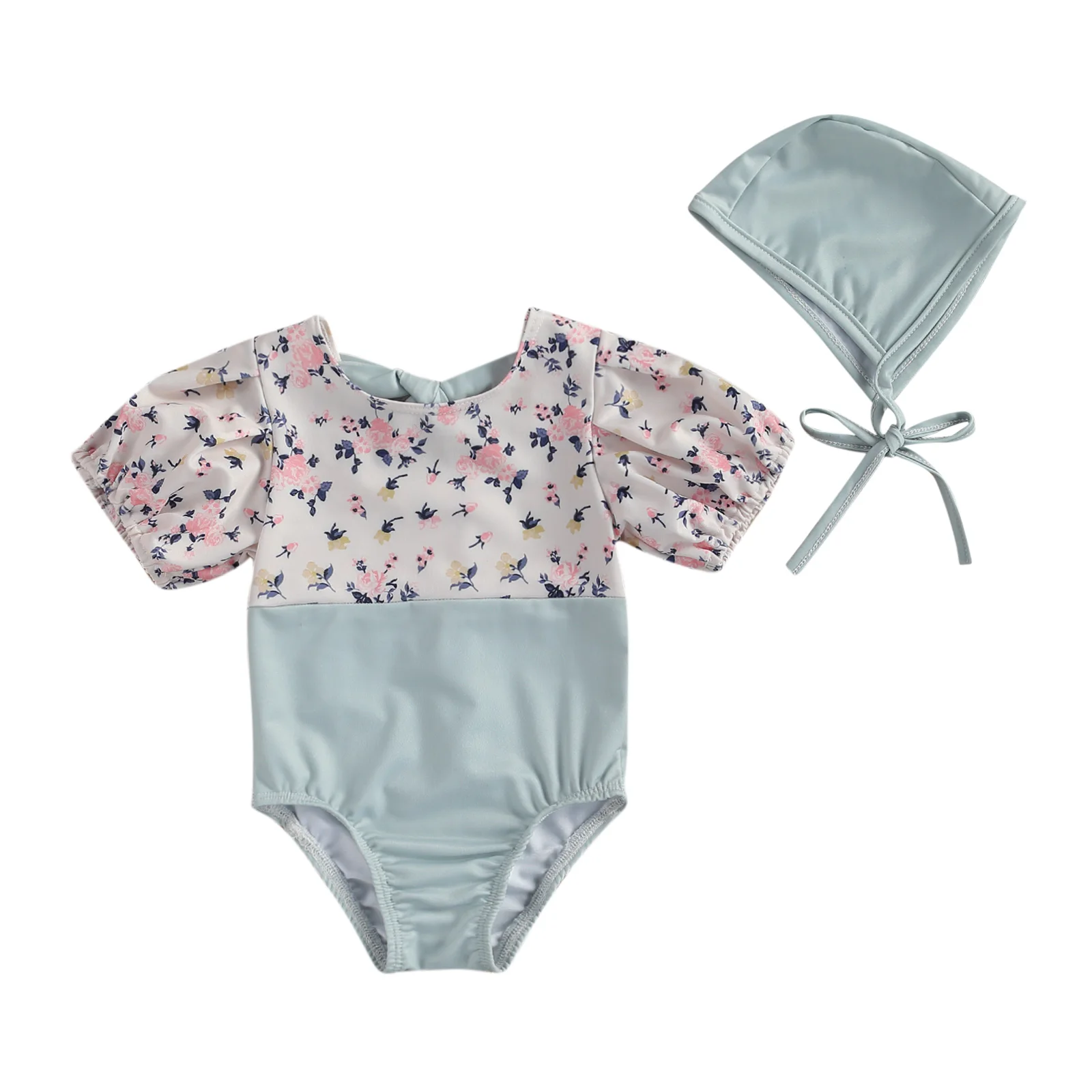 

Комбинезон для девочек 1-5 лет, однотонный комбинезон с цветочным принтом и короткими рукавами-фонариками и шапкой, костюм из 2 предметов