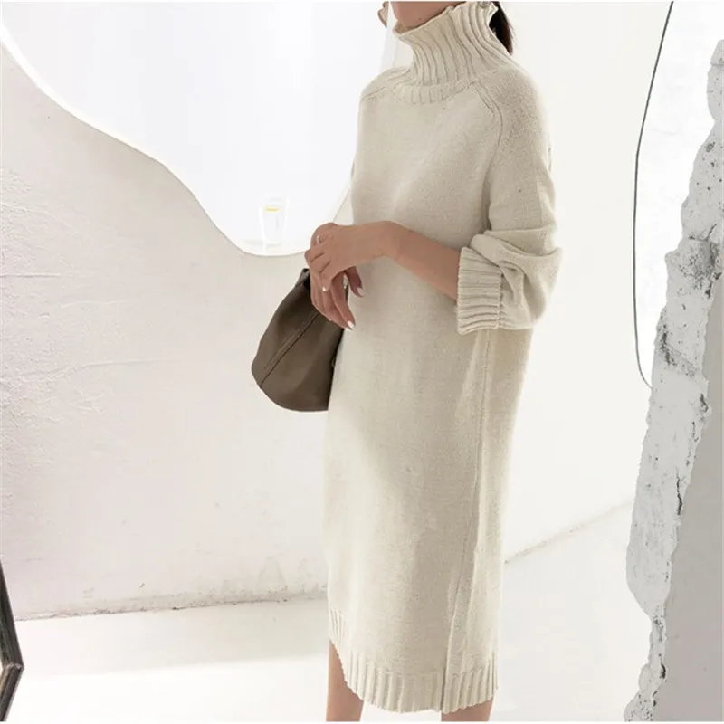 

autumn winter turtleneck knitted dress women loose long sleeve sweater dress thicken knitted pullovers dress vestidos P624
