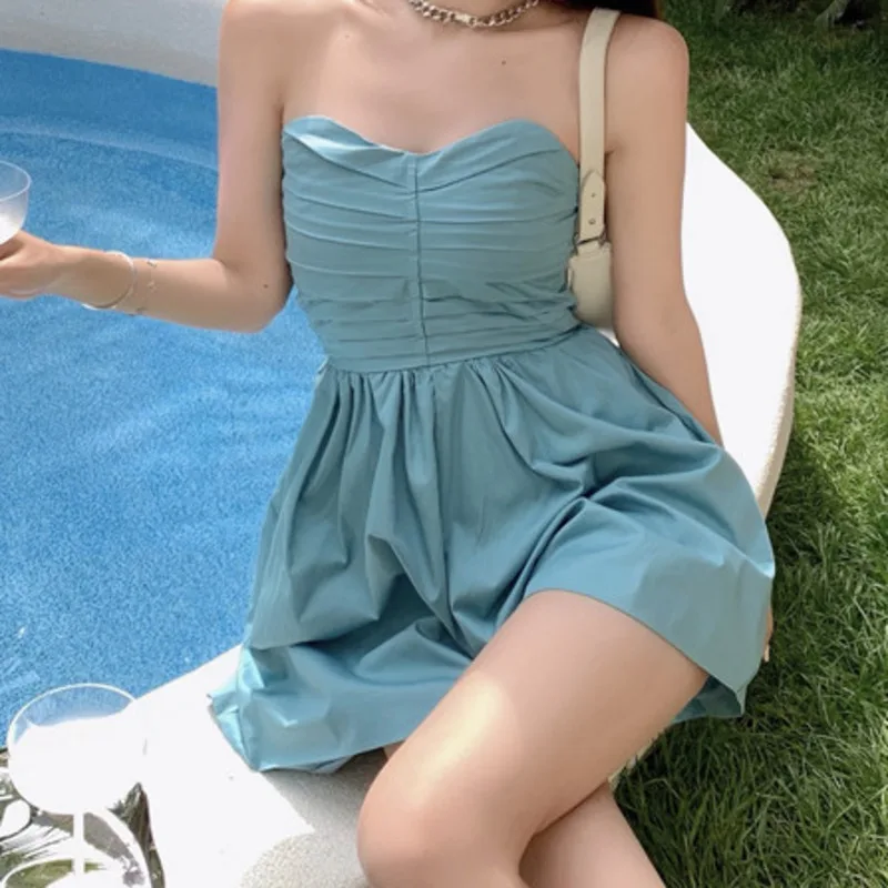 

2021 Fashion Women High Waist Pleated Jumpsuit Summer Sexy Loose White Blue Playsuit Wide Leg Shorts Monos Mujer Casual Verano