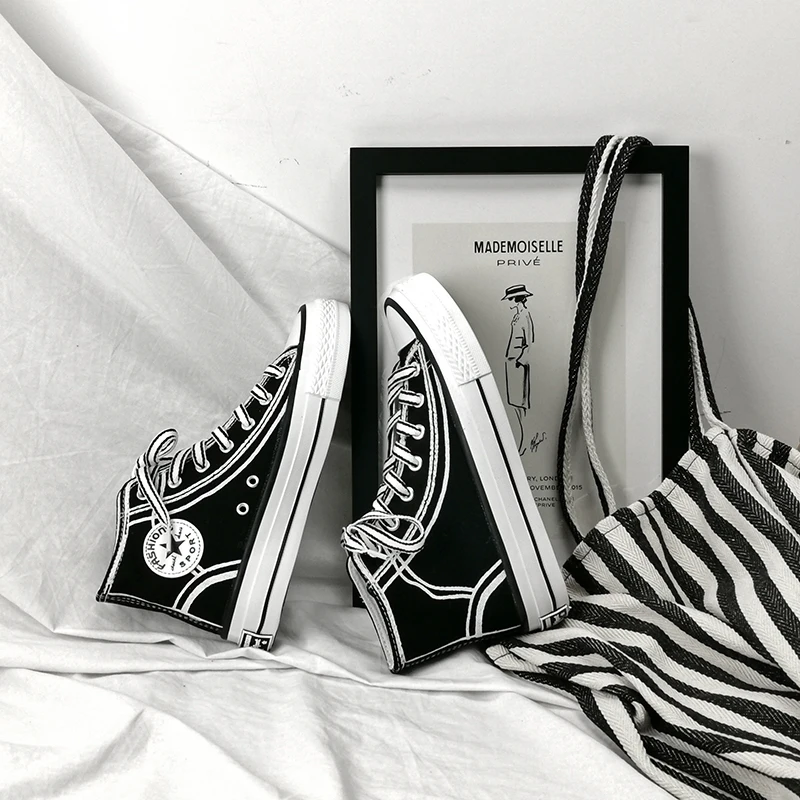 2019 модные высокие кроссовки парусиновая обувь женская повседневная белая