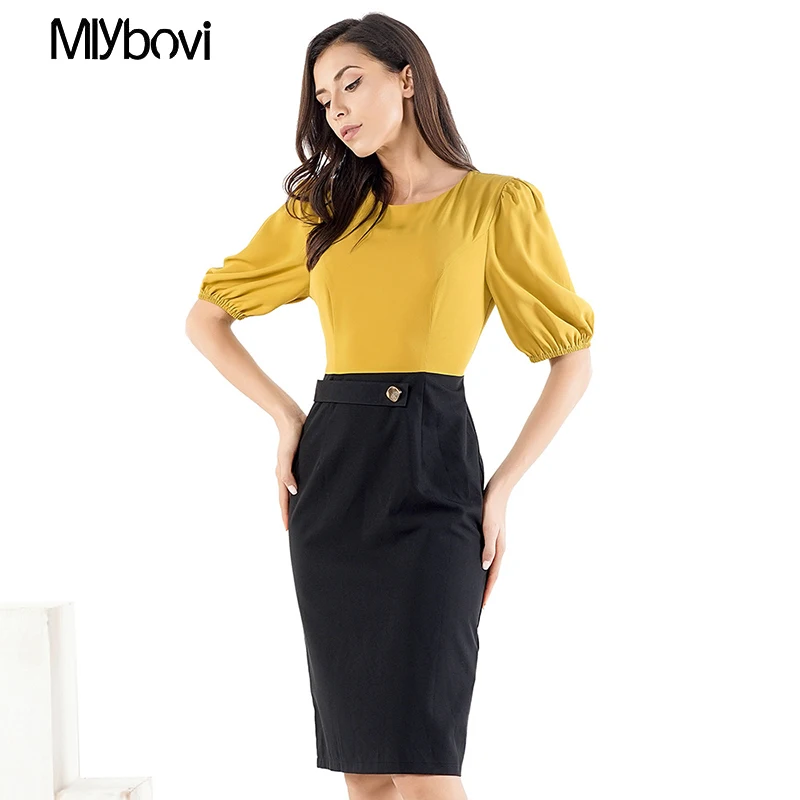 Осеннее женское платье элегантное карандаш с пузырьковым рукавом женские платья