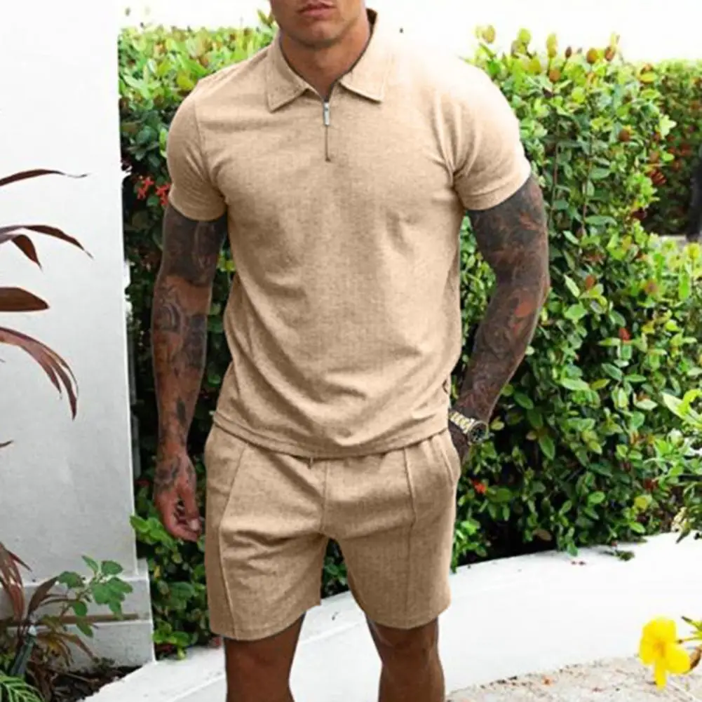Men's Cotton Zipper Polo Short Sleeve Shirt Shorts 2-piece Set 2021 Summer Men's Lapel Solid Color Suit Fabric Sports Slim- Fit
