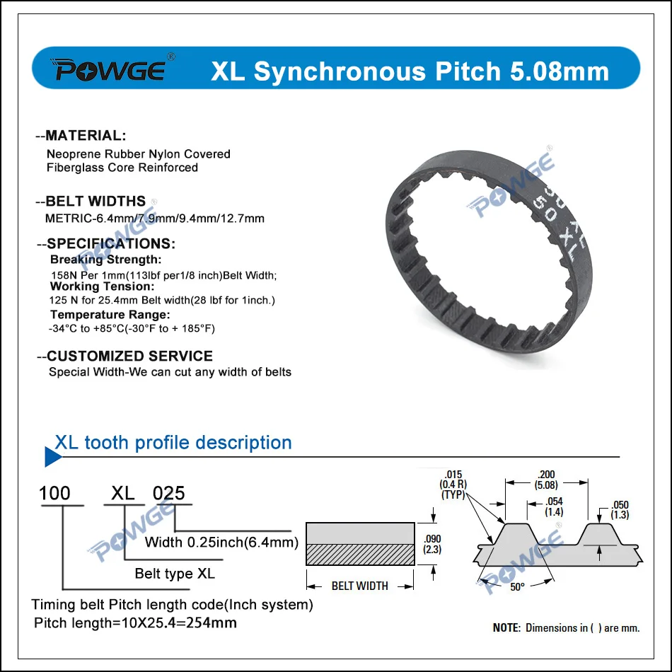 Ремень синхронный POWGE трапециевидный XL 1020XL/1032XL/1066XL/1280XL/1300XL/1494XL/1552XL ширина 025/031/037/050