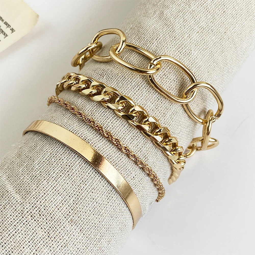 

4PCS/SET Punk Curb Cuban Chain Bracelets Set for Women Man Miami Boho Thick Gold Color Charm Bracelets Bangles Fashion Jewelry