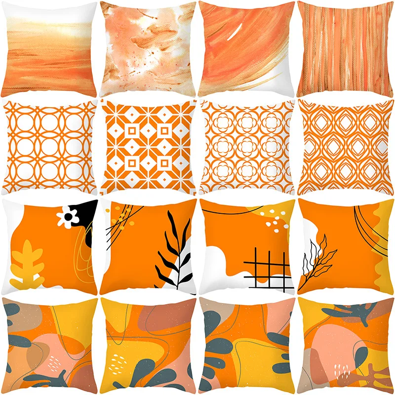 

2022 New Orange Geometric Printed Peach Skin Fabric Square Pillow Case Polyester Pillows Cover Decorative Sofa Cushions Covers