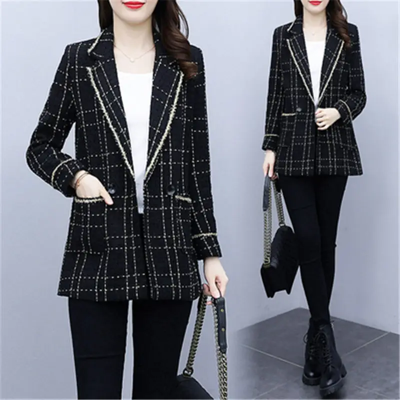 

Women's Plaid Blazer Jacket 2021 Autumn New Korean Loose Fashion Straight Suit Coat Trend Vintage Outerwear M507