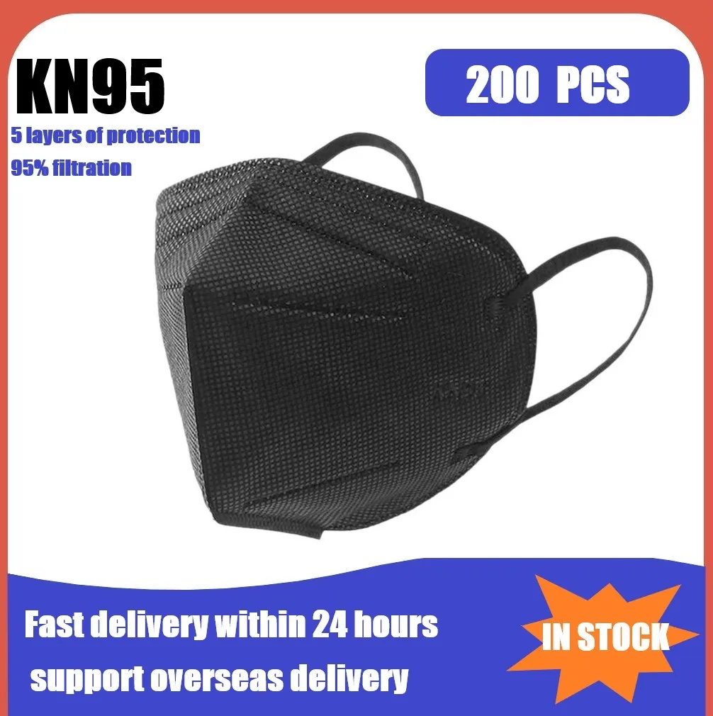 

В наличии! Черная маска KN95 200 шт., 5-слойные противопылевые маски, защитные респираторы kn95Mascarillas с фильтром, многоразовые kn95