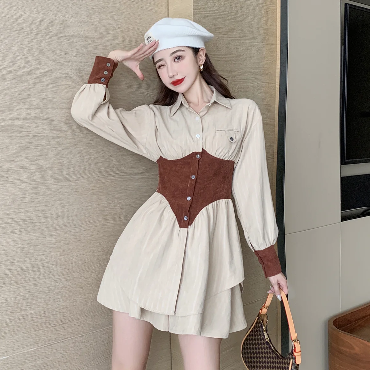 Женское приталенное платье-рубашка элегантное облегающее платье во французском