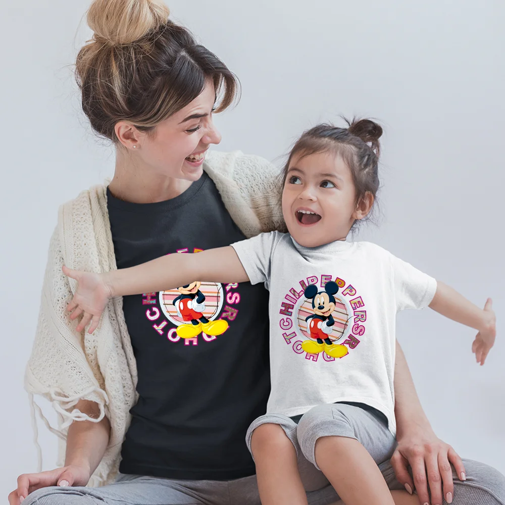 

Disney Summer Family Clothes T-shirts Korean Style Fashion Mickey And Minnie Mouse Cartoon Print Black White Top Harajuku Loose
