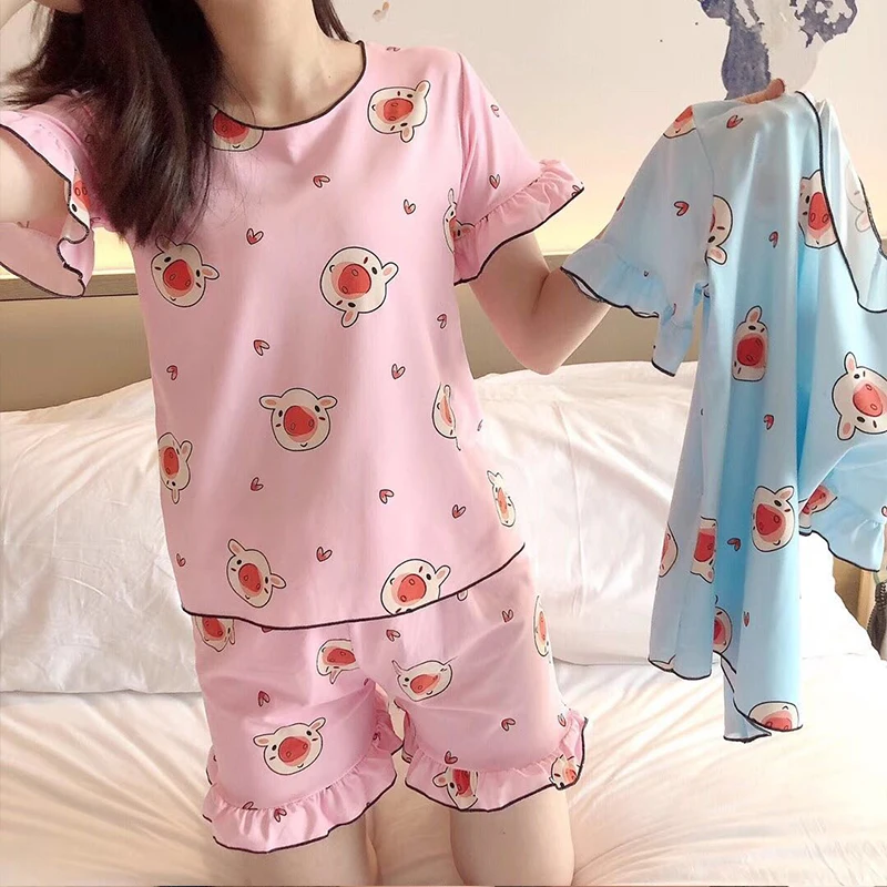 

Girl Nightwear Women Summer Short Sleeve Pijama Student Loose Korean Pyjamas Set Girls Sweet Cute Leisure Female Sleepwear Top