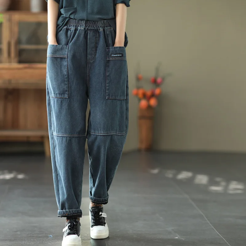 Женские джинсы на флисе однотонные свободные шаровары с карманами | Женская