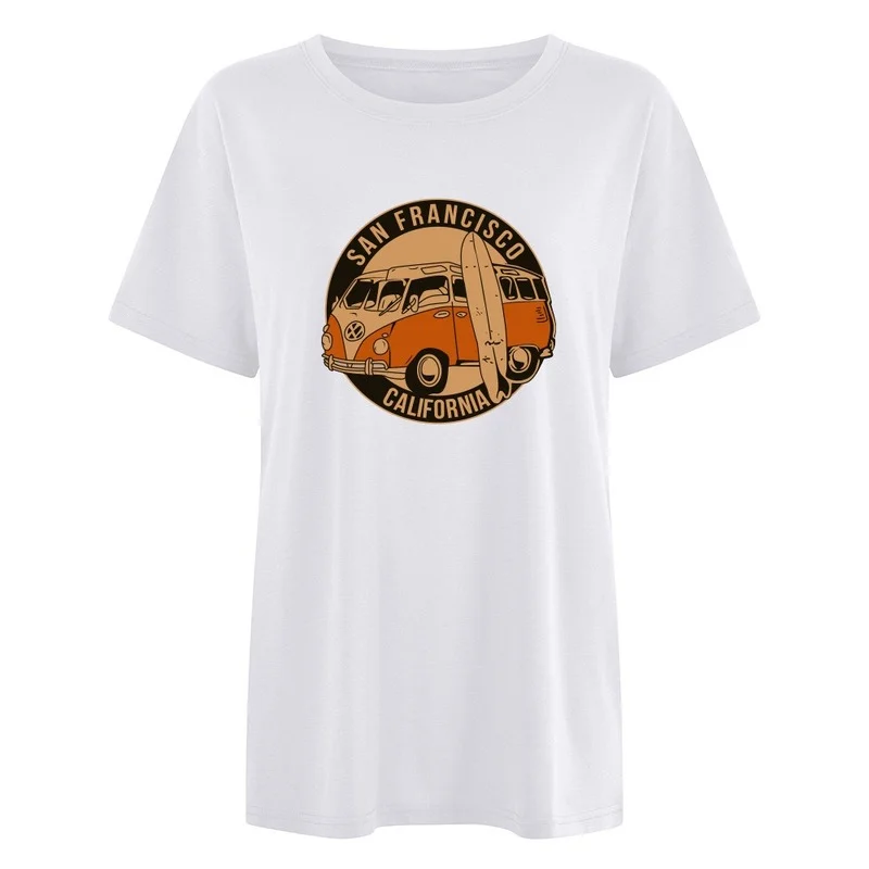 

American Vintage Car Print Letter San Francisco California Graphic Tees Women Loose Short Sleeve Summer Plus Size T Shirts Tops