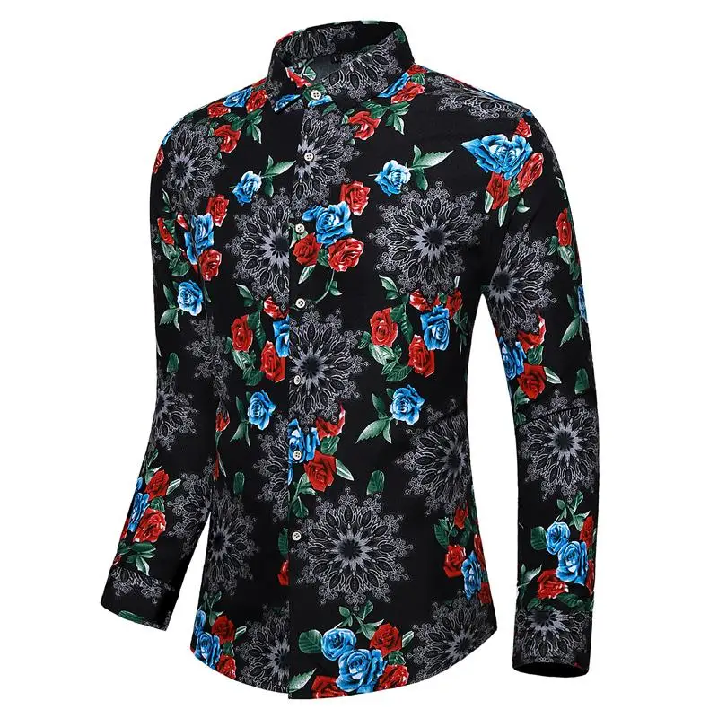

Long sleeve Flower Shirt for Men Social Men's Casual Floral Shirt Hawaiian Style Blouse Male Black Blue New