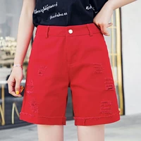 shorts women high waist red wide leg casual 2021 feans feminino hollow out korean fashion summer loose solid denim short femme