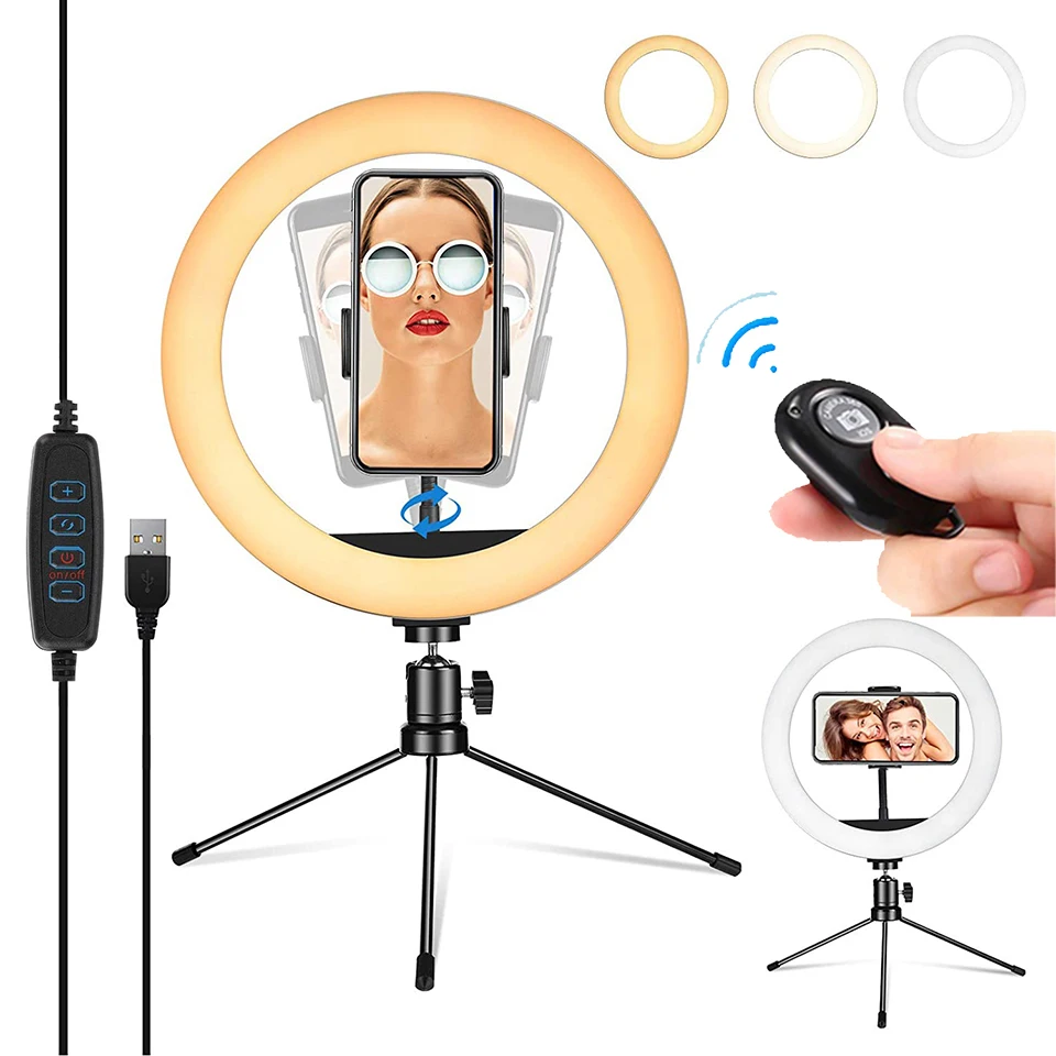 

10" Fill Ring Lamp Selfie Circle Light Photography Ringlight LED Dimmable Tripod Stand Phone Holder Makeup Live YouTube