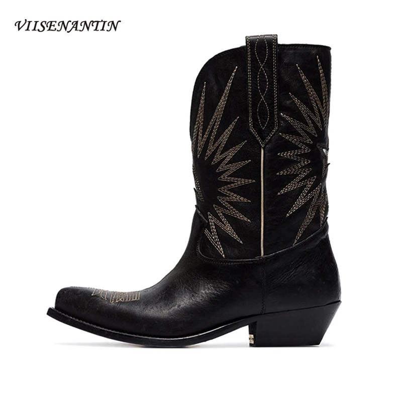 

Женские рыцарские сапоги с вышивкой и острым носком, женские модные британские сапоги средней длины, кожаные ковбойские сапоги на толстом к...