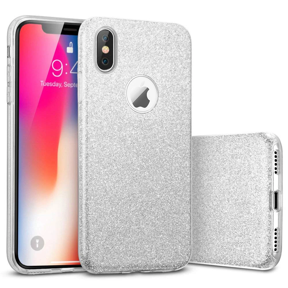 Silver Чехол из поликарбоната+ ТПУ+ Блеск Блестящий Футляр для iphone 11 Pro XS макс 7 8, 6, 6S Plus, X XR 3 Слои Bling милый мягкий силиконовый чехол - Цвет: Silver