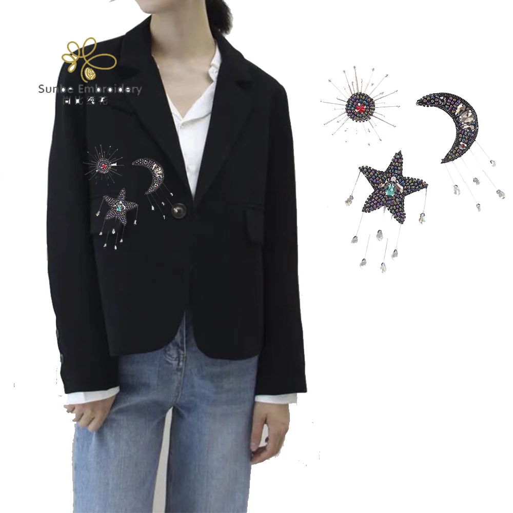 

Beaded Sun Moon Star Fringe Patches Rhinestones Applique Crafts for Children Clothes Shoes Headwear Hair clip Decoration
