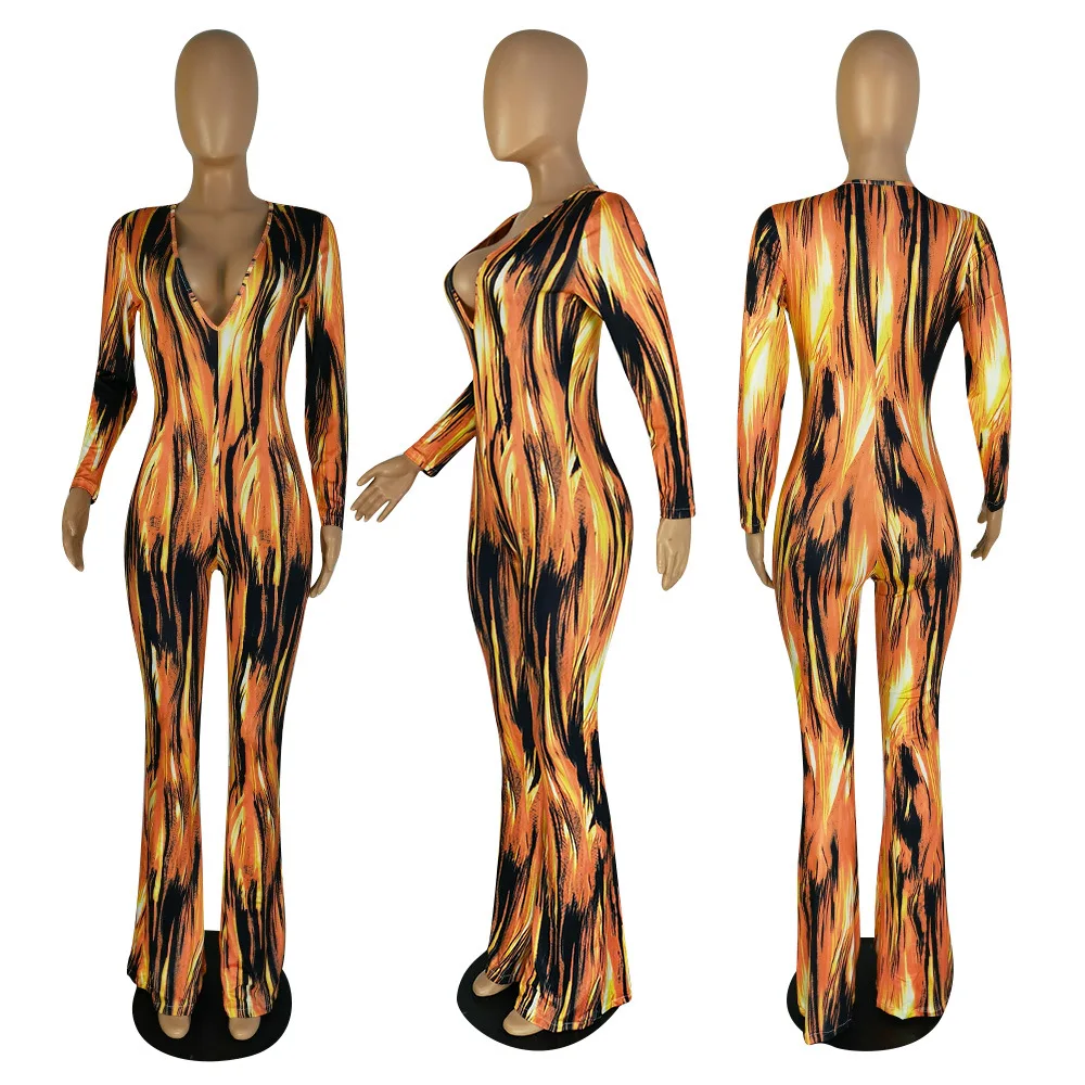 

Donsignet Women Jumpsuit Autumn New Silk-dyeing Long-sleeved Jumpsuit Fashion Print Casual Jumpsuits Romper Jumpersuit Women