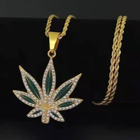 rhinestone weed pendant necklace men maple leaf hemp necklaces punk hiphop gold color chains for boys male steampunk jewelry