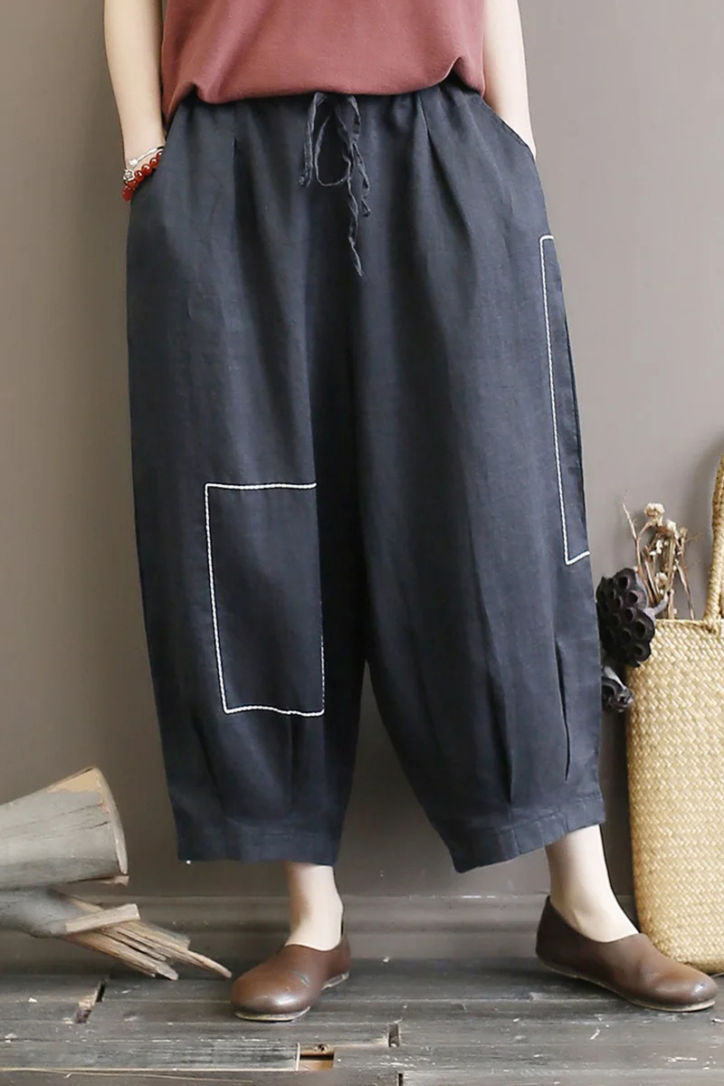 

Original women's art embroidery line ramie women's pants loose large size lace lantern pants linen eight pants thin summer