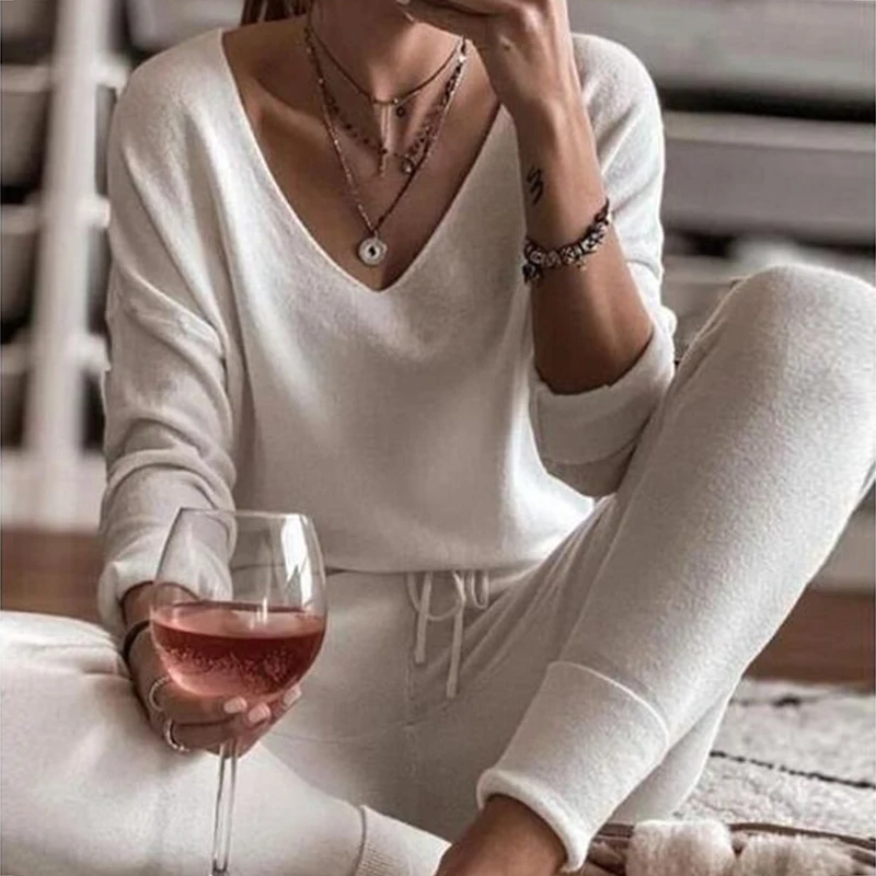 

Women Two Piece Sets Homewear Elegant V-Neck Tops And Lace-Up Soft Long Pants 2 Piece Suit Autumn Winter Pajama Homesuit Outfit