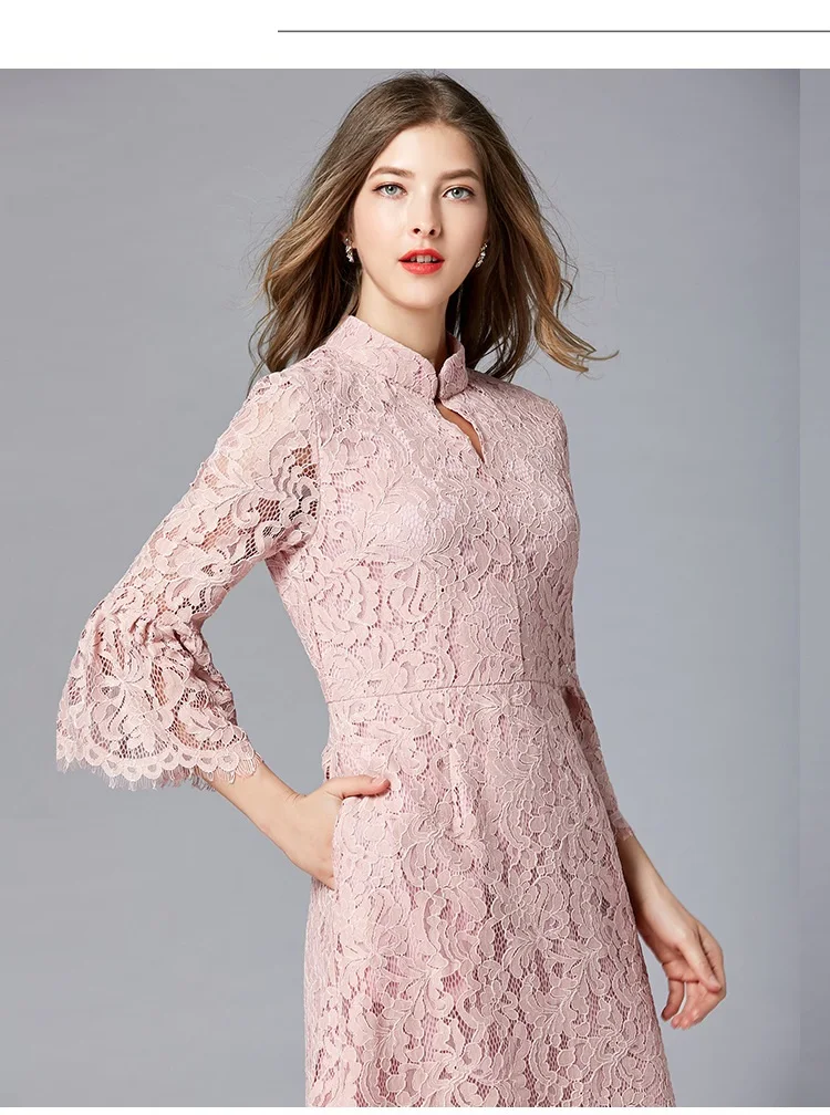

2020 lace long dress stand collar vintage elegant slim fit party dress flare sleeves cultivated occasion dress plus size 4XL 5XL