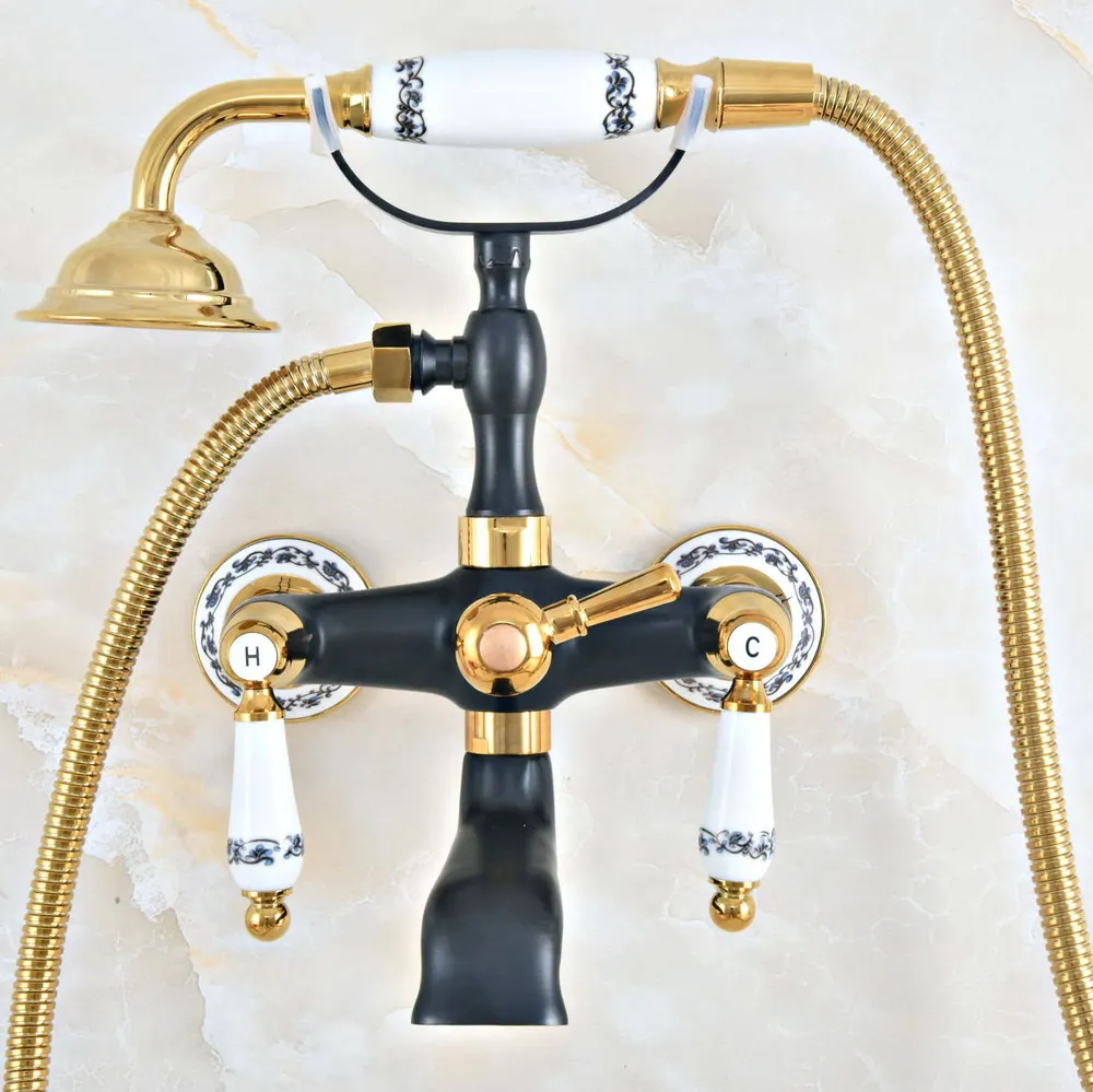 

Black Gold Color Brass Wall Mount Bathroom Tub Faucet Dual Ceramic Levers Telephone Style Hand Shower Clawfoot Tub Filler ana416