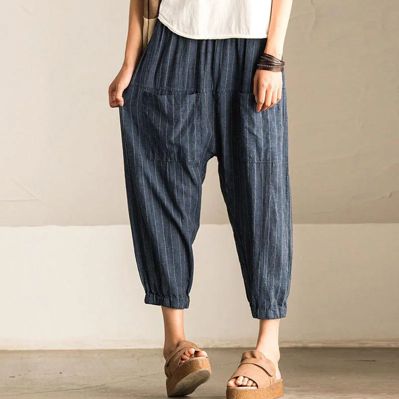 

Women's high-waist elastic waist harem pants, women's casual pants with small feet Cropped cotton and linen pants