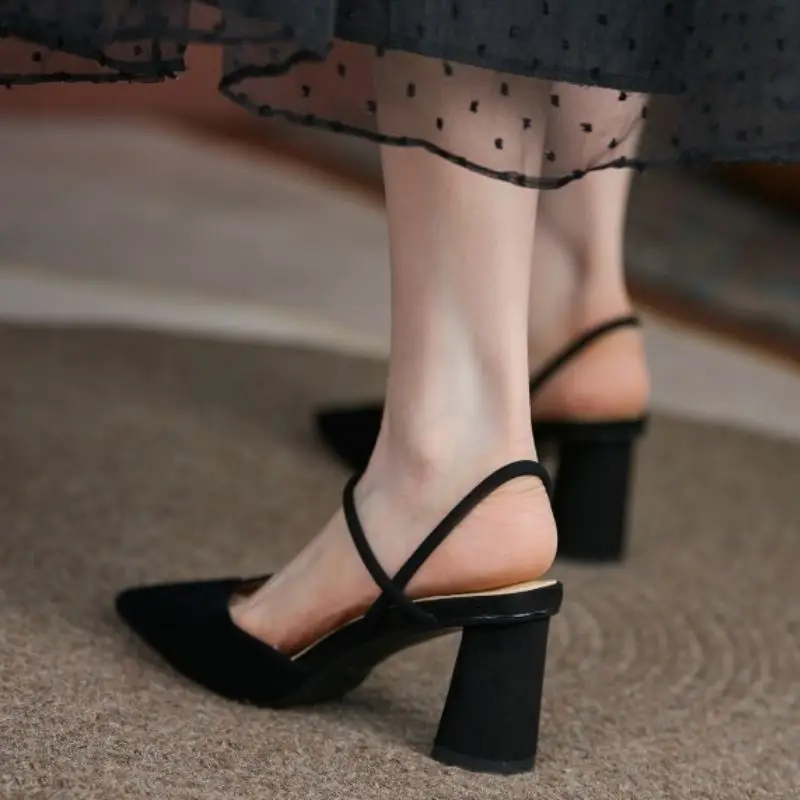 

Taoffe nGenuine Leather Women Sandals Thick High Heel Shoes Pointed Toe Solid Color Fashion Daily Concise Footwear Size 33-40