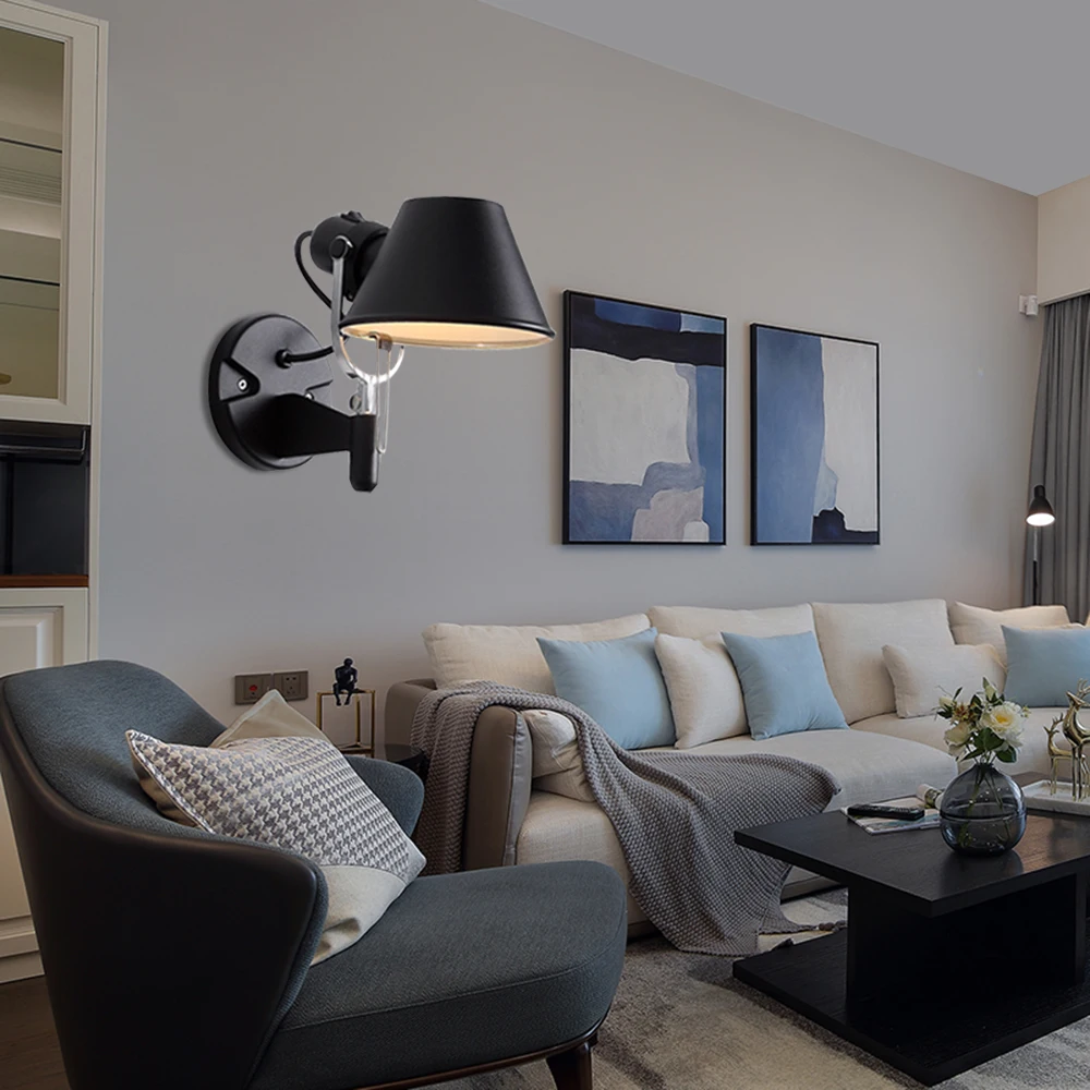 

Серебристо-черный скандинавский прикроватный настенный светильник с вращающейся лампой E27, светодиодный настенный светильник для спальни,...