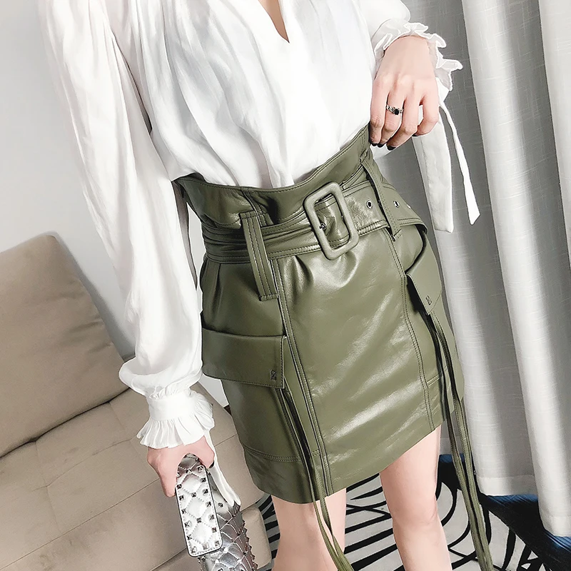 

Safari Style Genuine Leather Skirt Women Brand Pockets High Waist Wrap Skirts Zipper Tassel Street Biker Sheepskin Mini Skirt