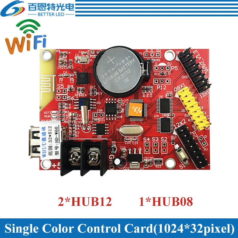 Фото Светодиодный дисплей с картой управления, USB + Wifi, 2 * HUB12, 2 * HUB08, один цвет (1024*32 пикселей), двойной цвет (512*32 пикселей) №1