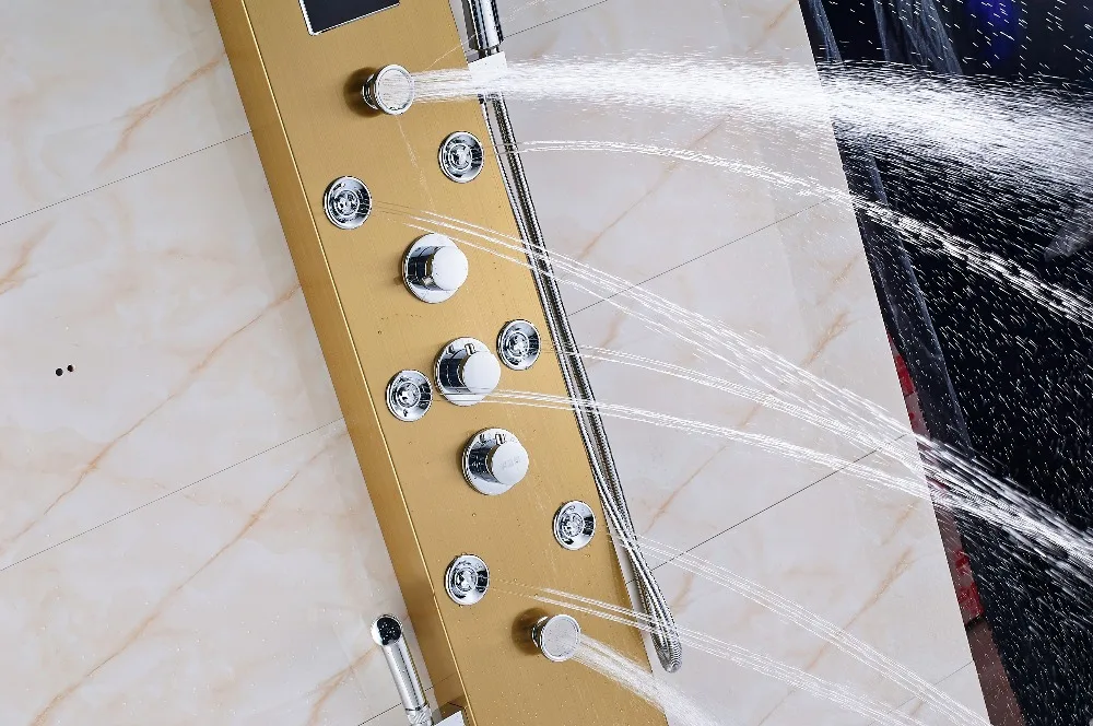 Bathroom Shower Panel Column Brushed Nickel LED Rain waterfall Shower Panel 6 Functions 2 massage Big display With Bidet Taps