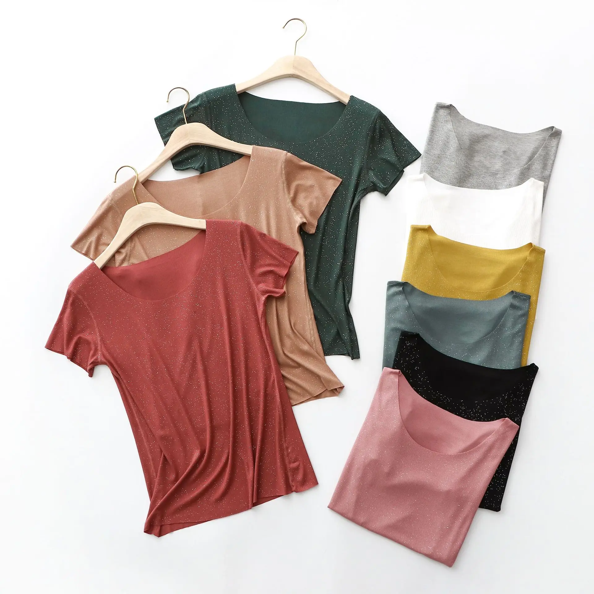 Женская футболка с короткими рукавами блестящая повседневная тонкая Базовая из