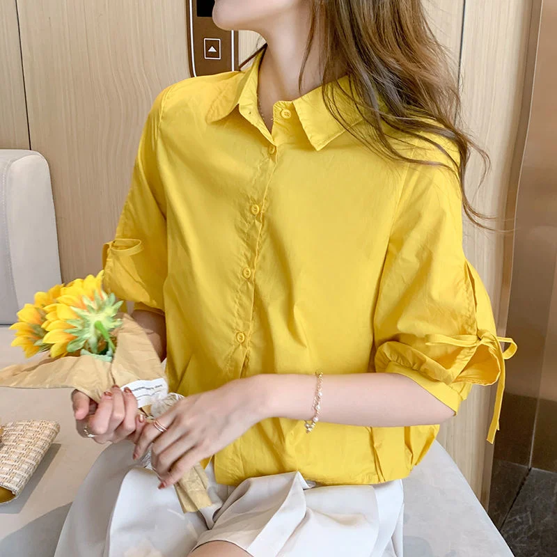 

21 cotton hemp top women's summer wear loose 5-sleeve baby shirt high waist design small majority Lantern Sleeve Shirt P58
