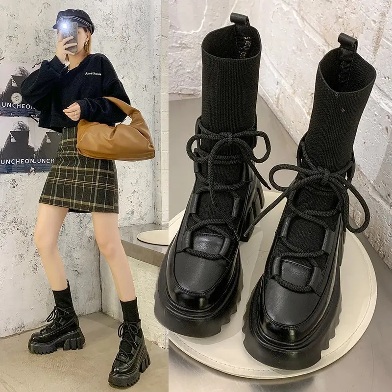 

Autumn Winter Black Short Boots New Women's Shoes 2020 INS Platform Boots for Women Chunky Heels Stretch Fabric