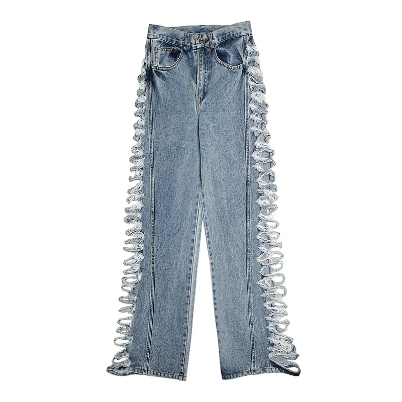 

European 2021 Spring and Summer New Ripped Hollow Jeans Women's Fashion Casual Pants Fashion