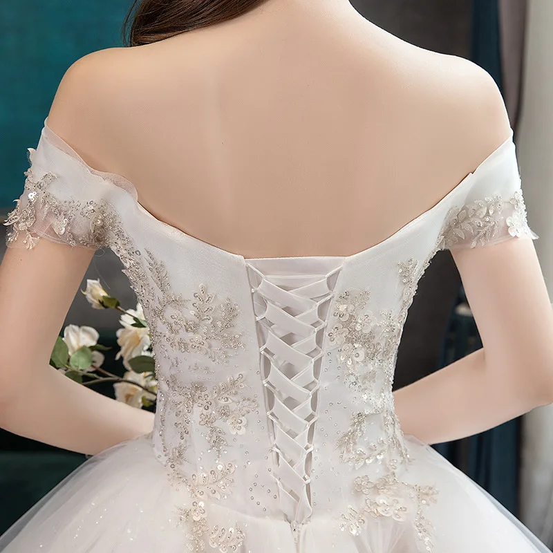 

Wedding Dress 2021 New Elegant Boat Neck Wedding Ball Gowns Vestido De Noiva Luxury Sequins Lace Embroidery Slim Bride Dress