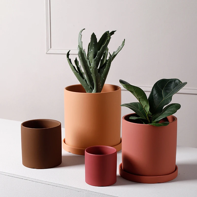 Nordic Industrial Style Colorful Ceramic Flowerpot Succulent Planter Green Plants Cylindrical Shape Flower Pot With Hole Tray | Дом и сад