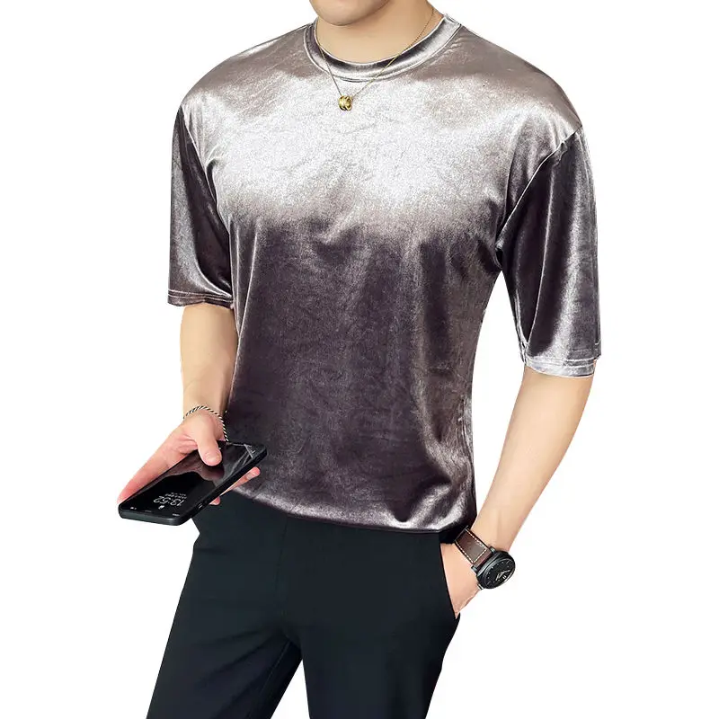 

Summer Gold Velvet O-neck T-shirt Men Korean Fashion Loose Casual T-shirt Men Harajuku Streetwear Short-sleeved T-shirt Men