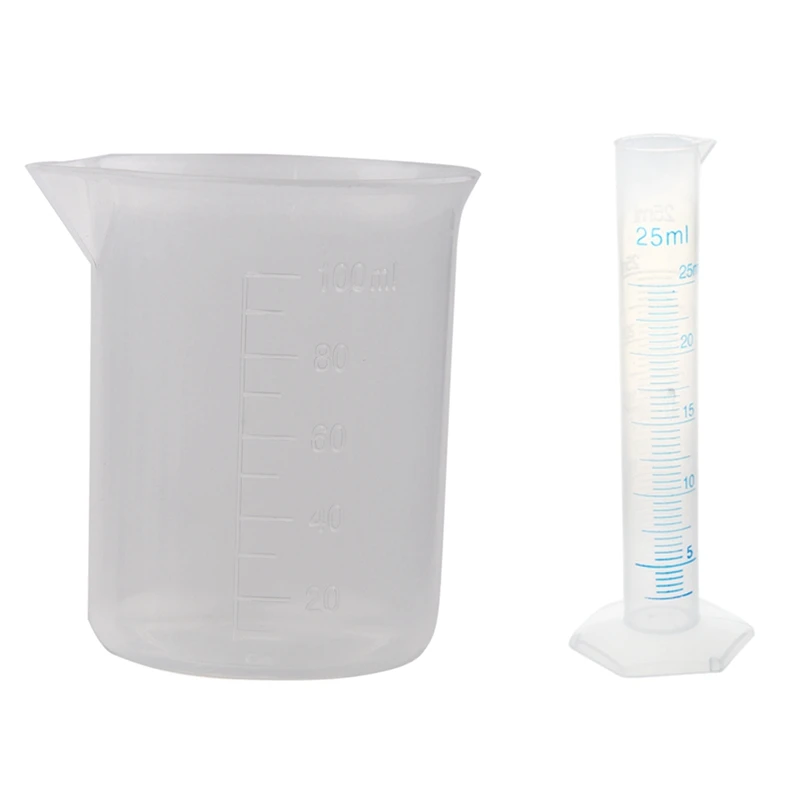 

Clear White Plastic 100ML Measuring Cup Beaker For Lab Kitchen & 25Ml Transparent Plastic Graduated Cylinder