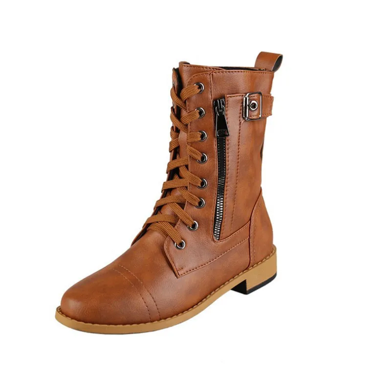 

Women Mid Calf Boots Low Heels Booties Woman Autumn Winter 2021 Fashion Female Brown Retro Leather Martin Goth Combat Short Boot
