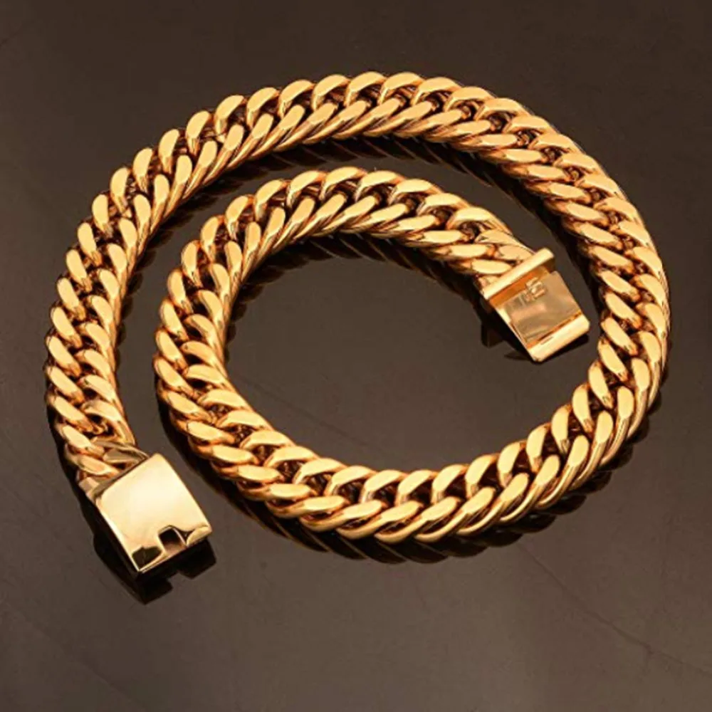

15MM Wide Cool Men Gold Color Jewelry Stainless Steel 7-40 Inches Necklace Or Bracelet Newest Curb Cuban Link Chain